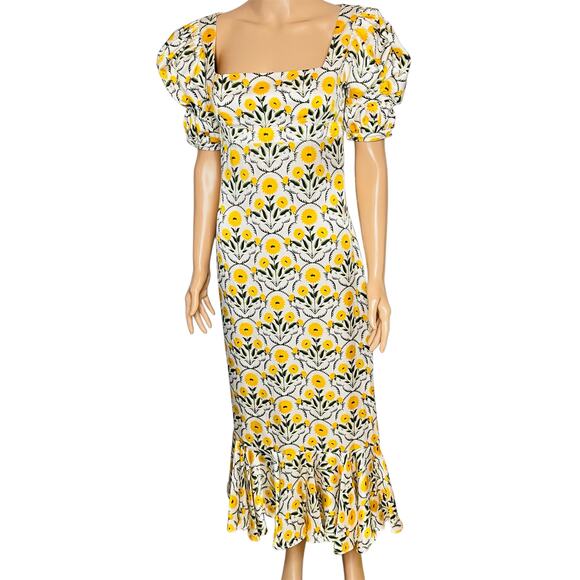 Agua by Agua Bendita Mango Mimosa Midi Dress S Silk White Yellow Floral Rare - Picture 1 of 16